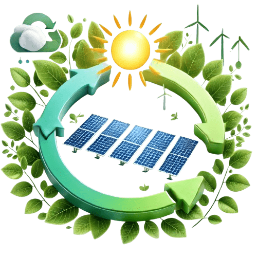 Obrazek przedstawiający zalety, używany na stronie głównej, z grafiką dotyczącą korzyści związanych z energią odnawialną.